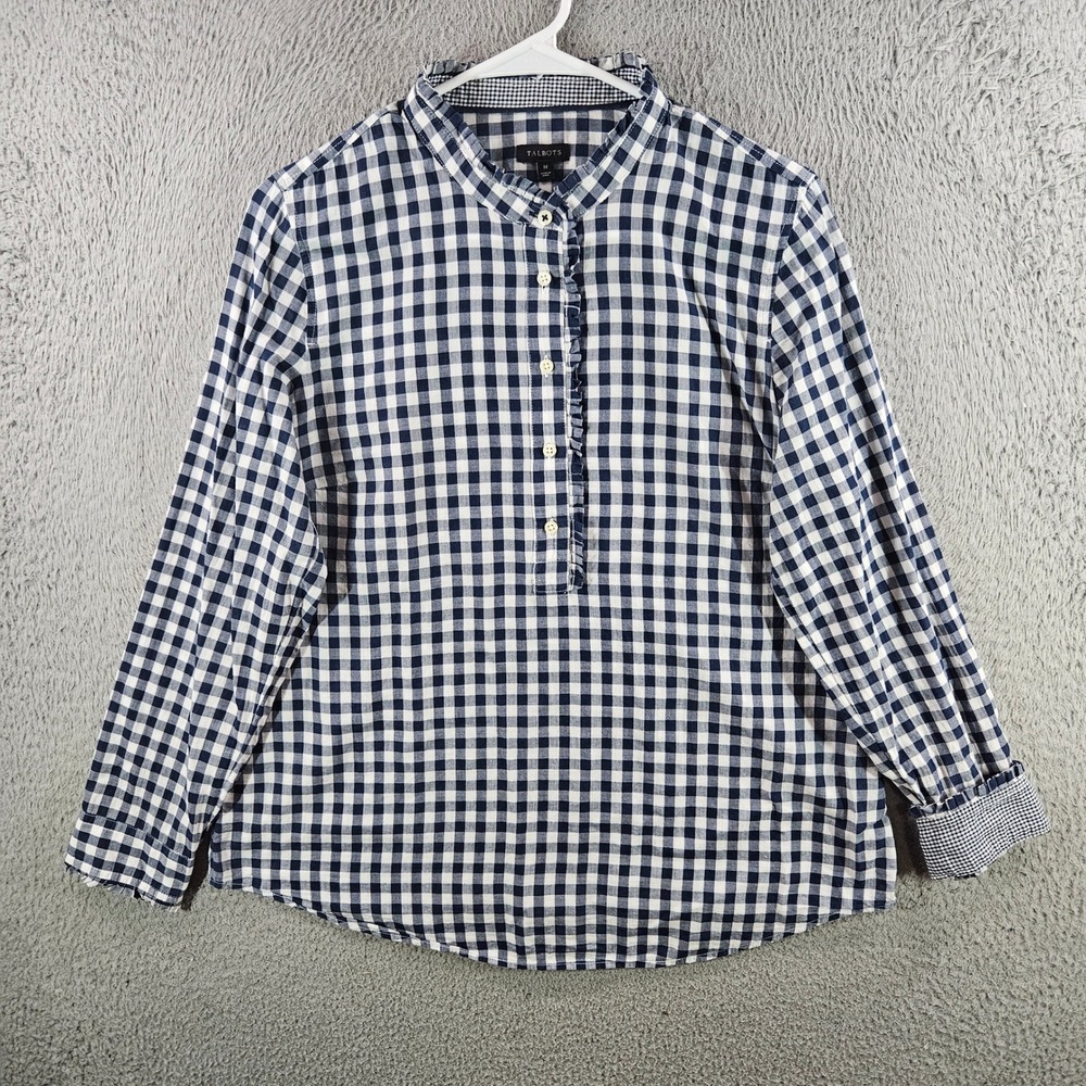 Talbots Womens Navy Blue White Gingham Ruffle Collar Cotton Blouse Size M